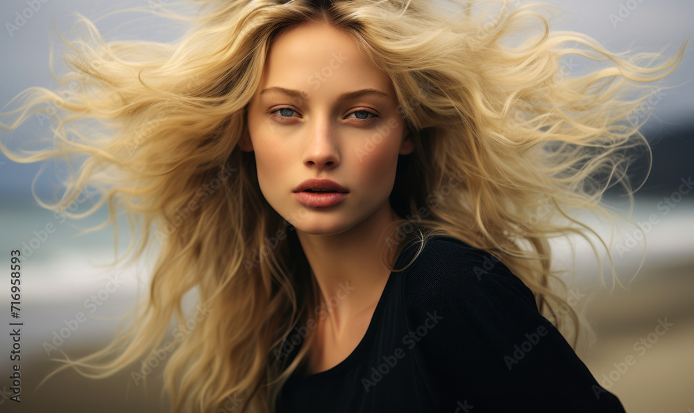 Ethereal Beauty with Flowing Blonde Hair in Wind, Piercing Blue Eyes, and Black Attire Against a Hazy Background Ethereal Beauty with Flowing Blonde Hair in Wind, Piercing Blue Eyes, and Black Attire Against a Hazy Background