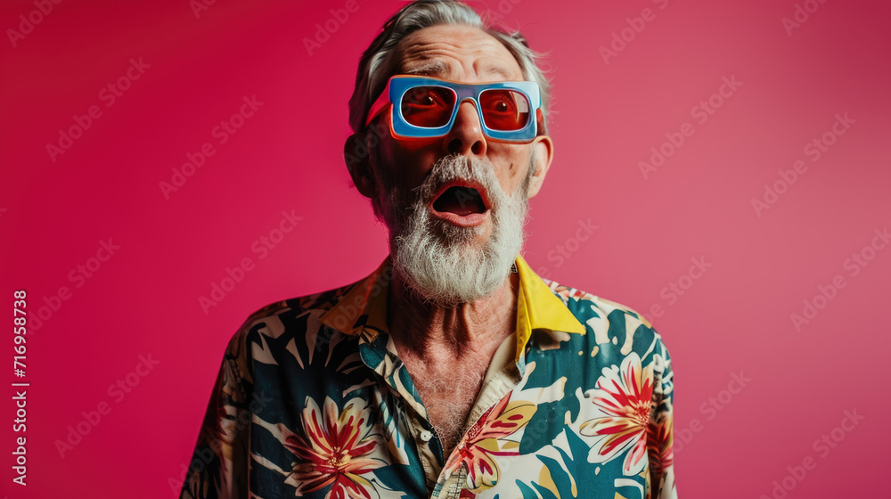 Senior man with gray hair and a beard, expressing surprise or excitement while wearing 3D glasses. Senior man with gray hair and a beard, expressing surprise or excitement while wearing 3D glasses.