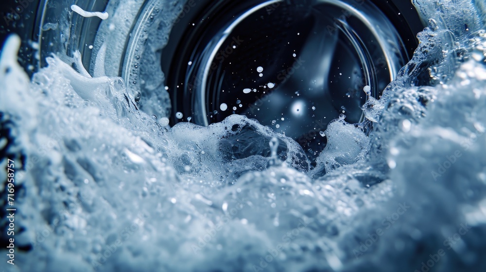 Water flowing from a close up view of a washing machine. Suitable for illustrating household chores or appliance maintenance - obrazy, fototapety, plakaty 