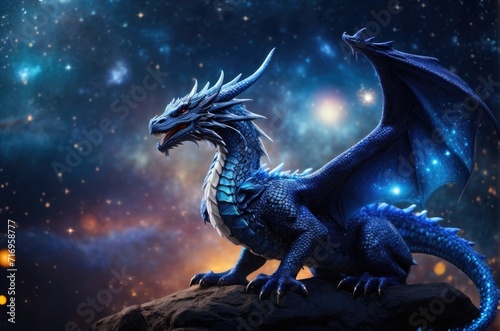 Beautiful blue dragon on a blue bokeh background. Ai generative. banner flyer brochure poster © azait24