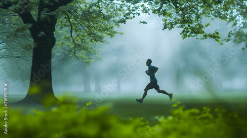A runner sprinting on a misty morning through a lush green park.