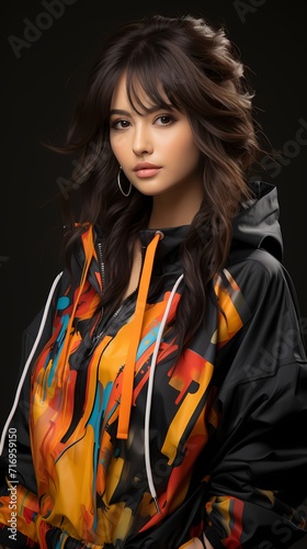 A Japanese girl donning a black tracksuit with colorful accents strikes a confident pose against a solid orange background with dynamic lines and abstract shapes. The combination of her sporty
