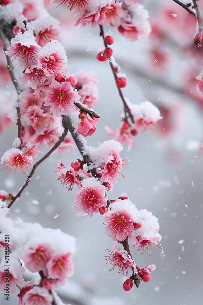 Winter landscape. Forest bushes and trees after heavy snowfall. Horizontal photo. AI generated illustration