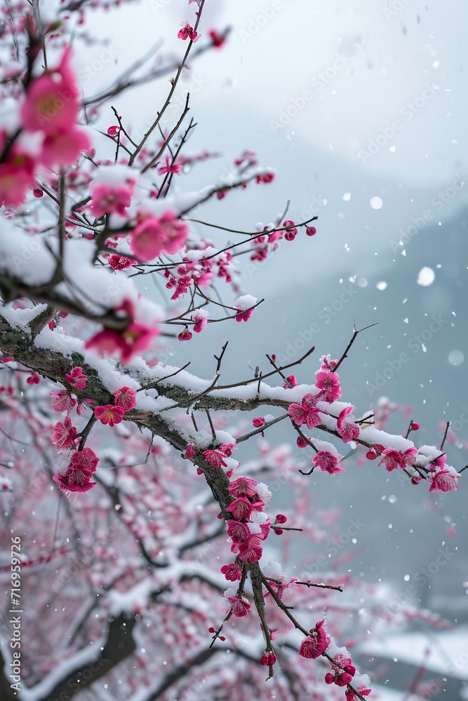 Winter landscape. Forest bushes and trees after heavy snowfall. Horizontal photo. AI generated illustration