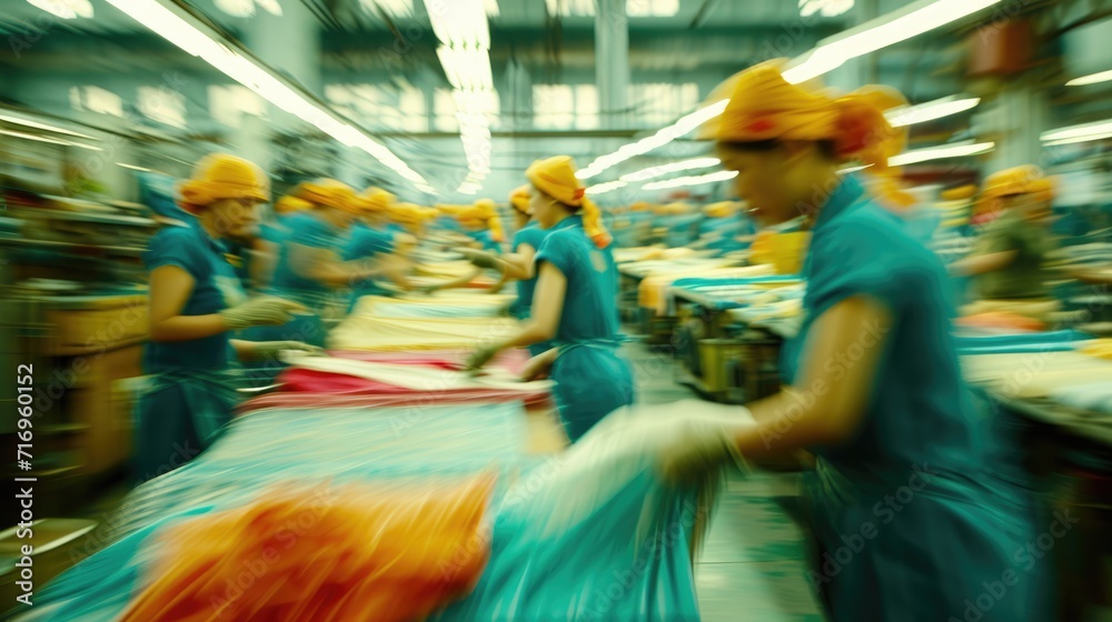 Obraz premium Generative AI, asian textile sewing factory with many workers, motion blurred photo