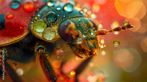 Macro shot of an bug, in bright colors with water drops, extreme close-up © Aiviart