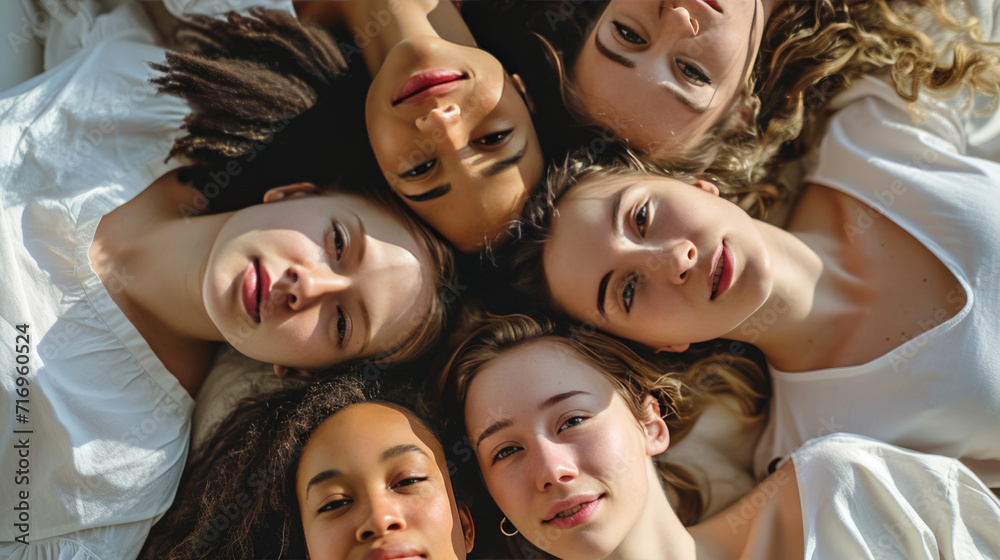 Obraz premium Group of young women lying on the ground in a circle, heads together, smiling and looking up at the camera.
