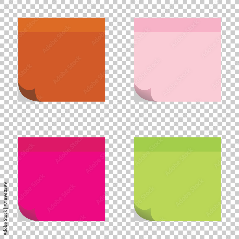 Multicolor post it notes isolated on transparent background. Colored