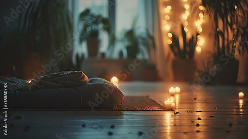 A soothing yoga nidra session in a dimly lit comfortable studio.