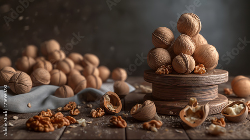 Walnuts in and around a wooden bowl on a rustic surface, some halved to show the kernel.