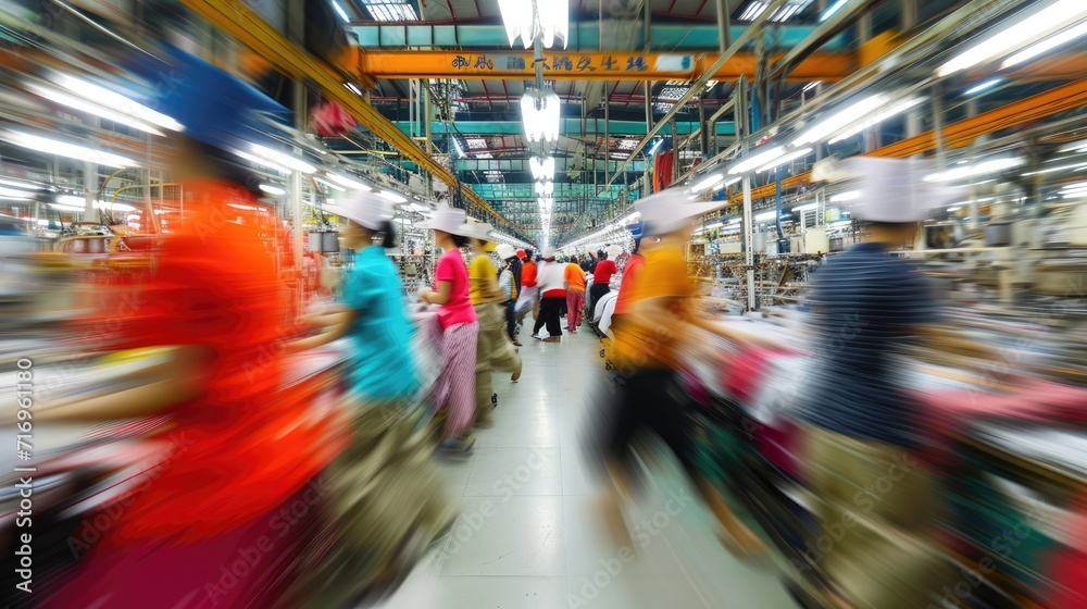 Generative AI, asian textile sewing factory with many workers, motion blurred photo - obrazy, fototapety, plakaty 