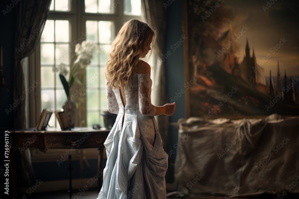 Elegant Lady Contemplating at Castle View Window Elegant Lady Contemplating at Castle View Window