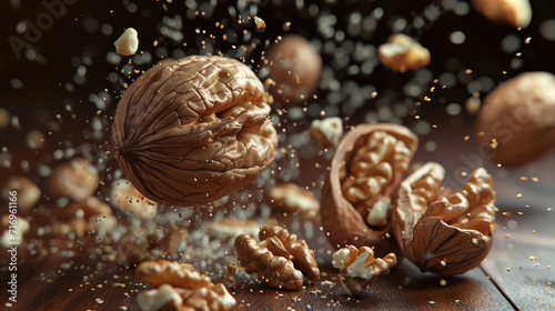 Dynamic image of walnuts in motion, with pieces mid-air and nuts cracking open.