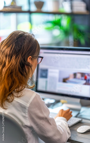 A journalist writing an article on the computer for the newspaper she works for