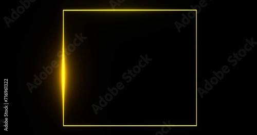 Square golden frame with glowing beam template. Yellow blank banner illuminated by 3d render gold luminous line moving along perimeter for design of effective advertising and led shows