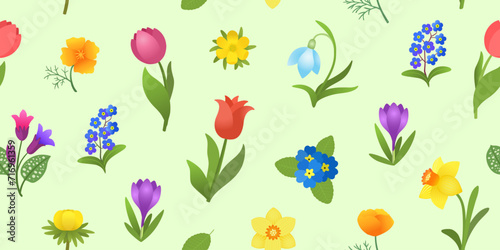 Spring floral seamless pattern. Springtime background endless repeat design. Vibrant floral pattern. Early spring garden flowers bloom. Crocus, snowdrop, daffodil, tulips, forget-me-nots, pulmonaria.