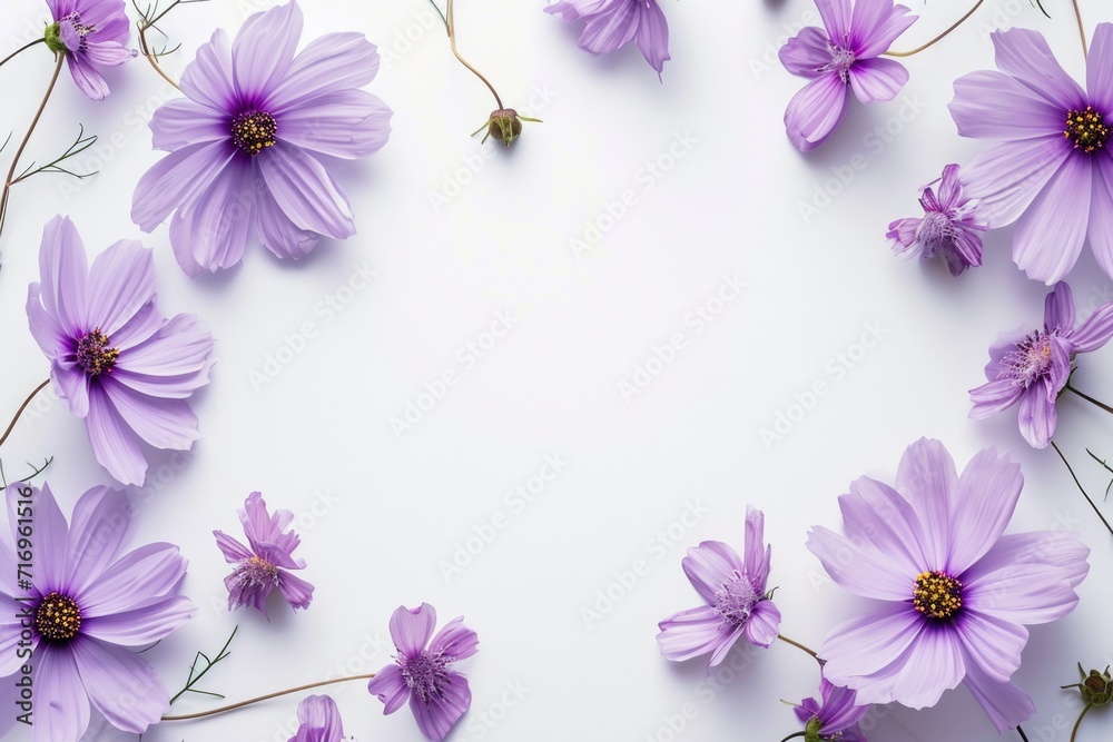 Purple flowers arranged in a circle on a white surface. Suitable for various floral arrangements and decorations