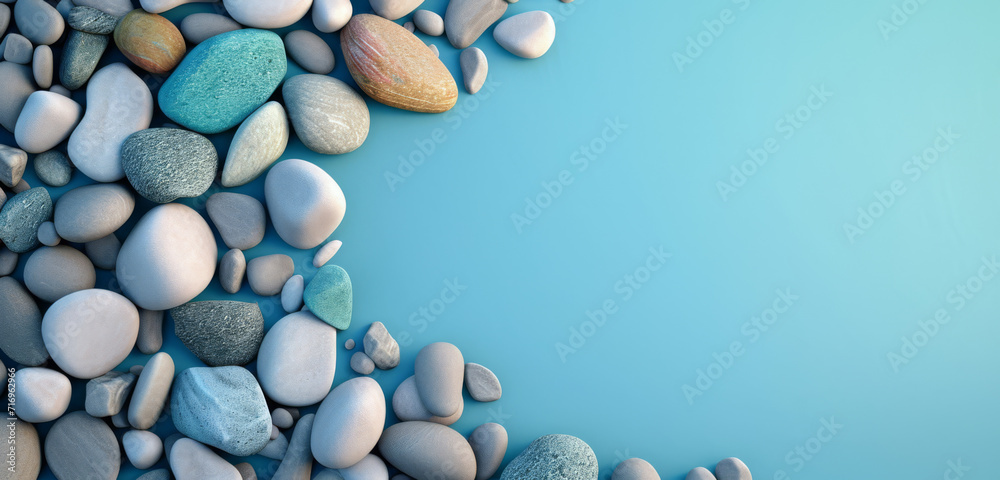 Assorted pebbles lined up against a light blue gradient background, peaceful and calming. - obrazy, fototapety, plakaty 