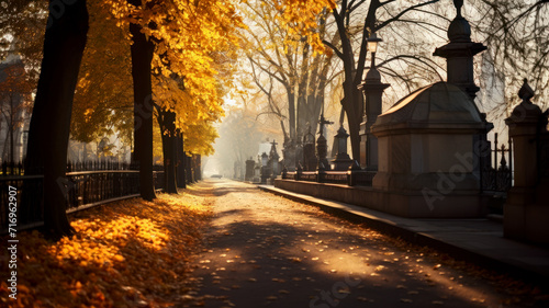 Cemetery in autumn, golden leaves