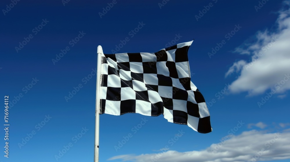 A black and white checkered flag waving in the wind. Suitable for sports events and competitions