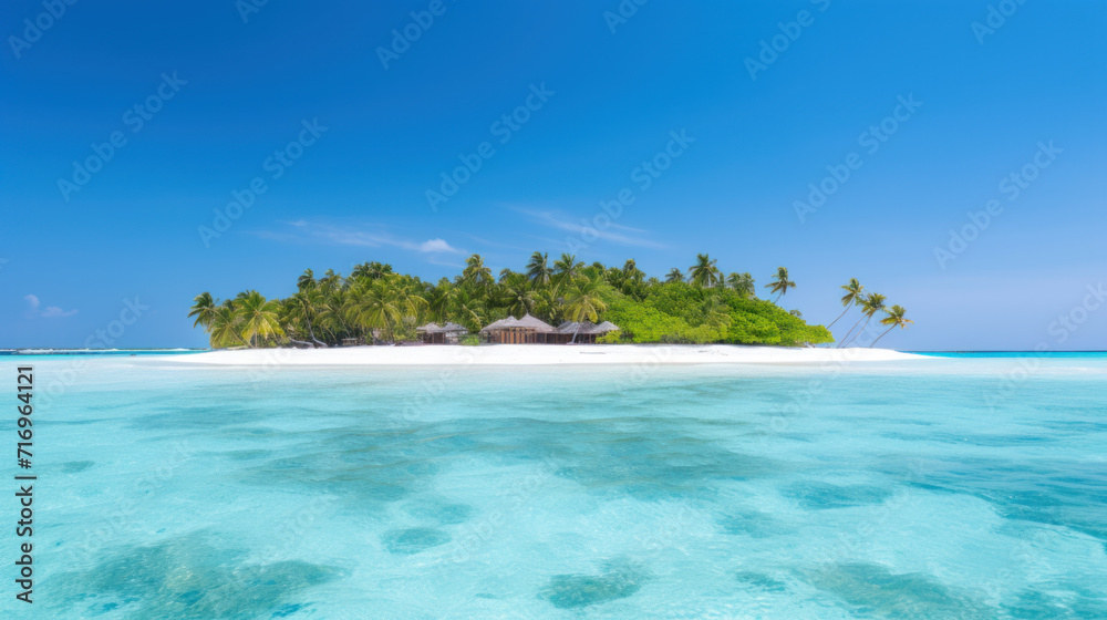 Tropical island and clear blue sea, whole island is seen