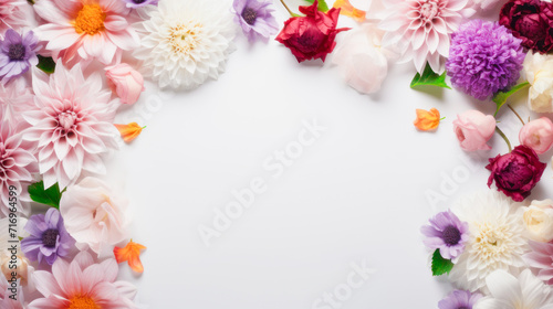 The white background is surrounded by multicolored flowers