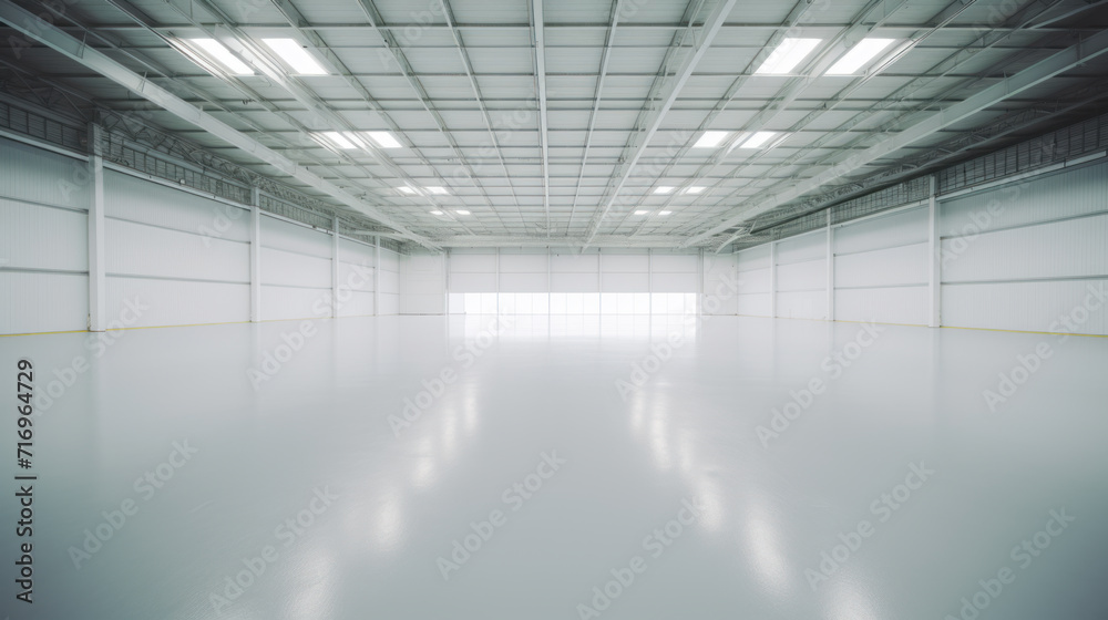 Big empty warehouse interior, shiny floors - obrazy, fototapety, plakaty 