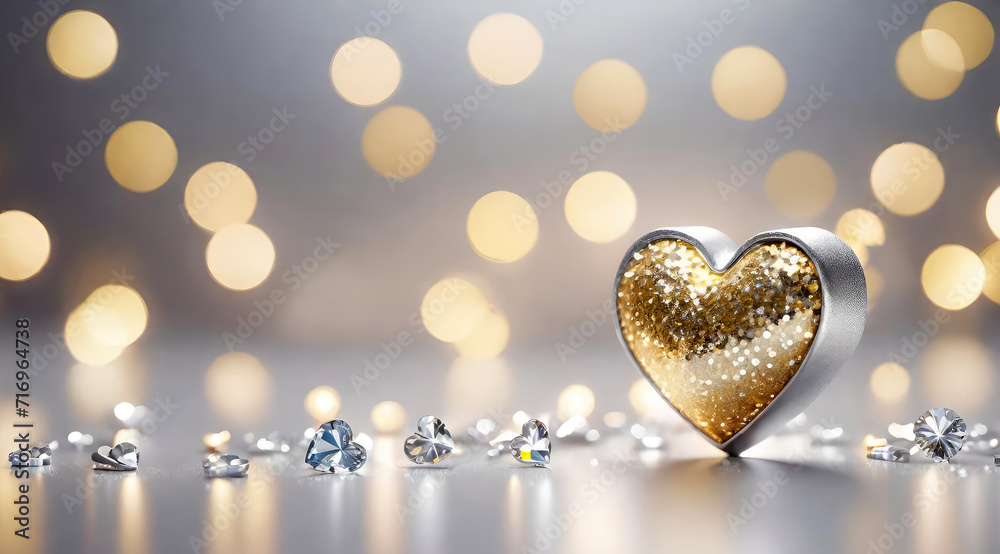 Valentine's Day banner with golden jewelry heart with diamonds on a blurred bokeh background with copy space.Generative AI 