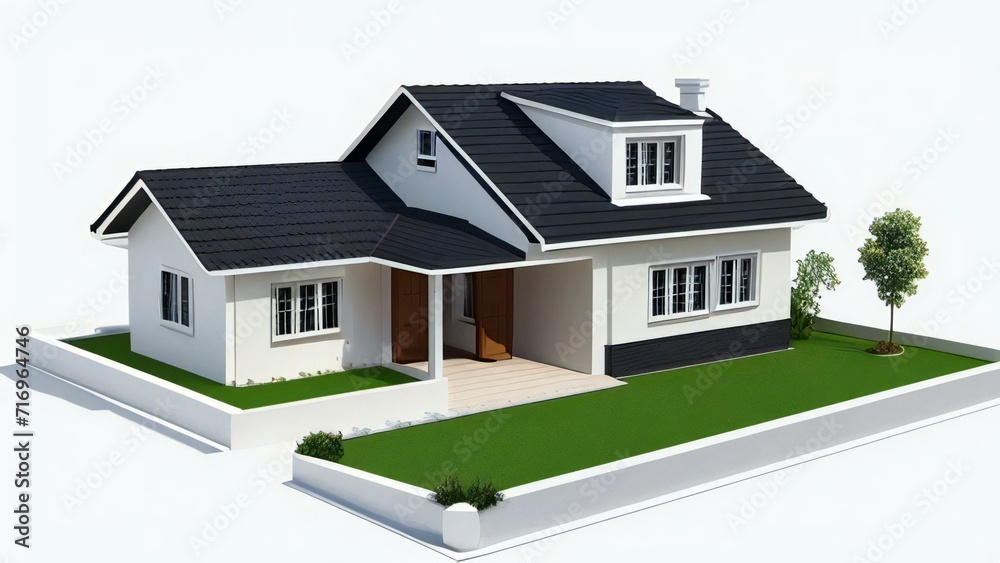 3d house model rendering on white background, 3D illustration modern cozy house. Concept for real estate or property.