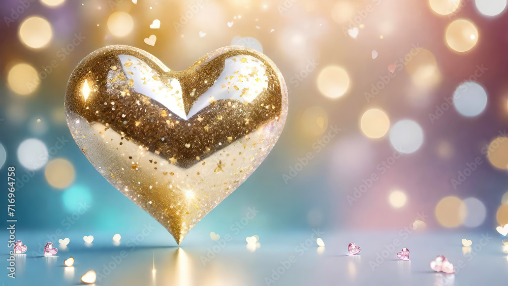 Golden heart on a blurred gold shiny light blue bokeh background. Valentine's Day,Love wedding concept banner with copy space.Generative AI Golden heart on a blurred gold shiny light blue bokeh background. Valentine's Day,Love wedding concept banner with copy space.Generative AI
