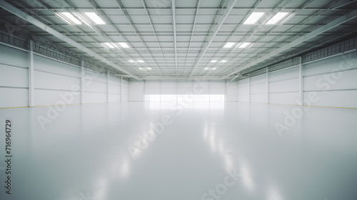 Big empty warehouse interior, shiny floors photo
