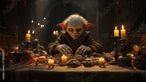 Creepy goblin sitting at the table with candles and torn off small faces