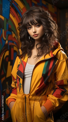 A Japanese girl donning a sporty tracksuit in a vibrant color, poses confidently against a solid yellow background with geometric patterns