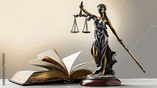 Sculpture justice bronze lady and open books and gavel