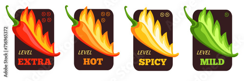 Hot sauces labels. Spicy taste graduation, ketchup with different types of pepper, chili, jalapeno, hard and mild stickers. Menu food icons. Cartoon flat isolated splendid vector set