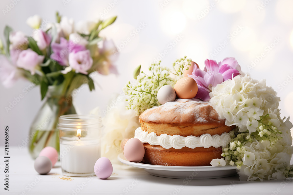 Easter cake and eggs on white background with bouquet of flowers. Happy Easter Easter cake and eggs on white background with bouquet of flowers. Happy Easter