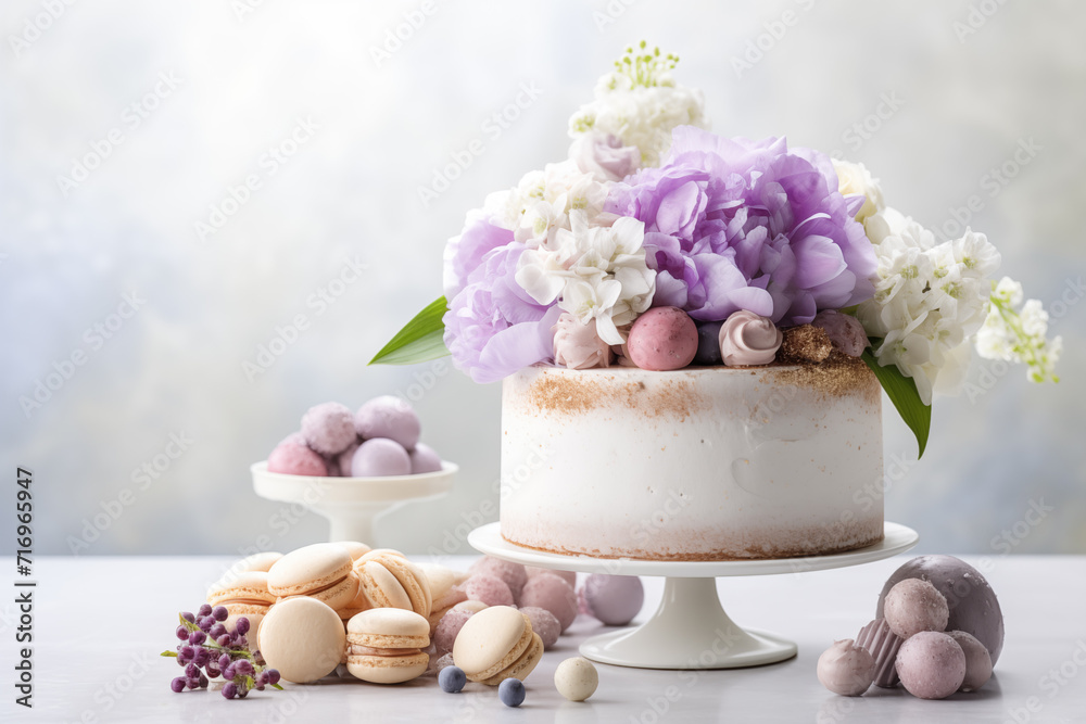 Easter cake and eggs on white background with bouquet of flowers. Happy Easter