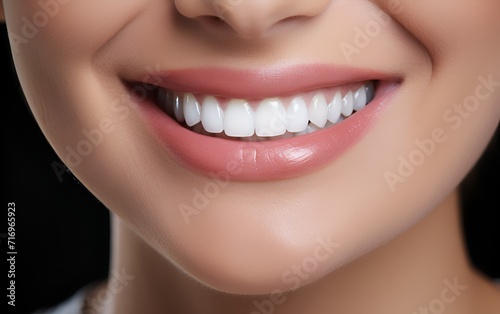 Photo of beautiful close up smile. Happy woman's smile with white teeth. Dental health.
