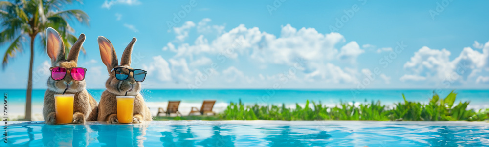 Fototapeta premium Easter travel banner. Cute bunnies on vacation with cold drinks on the sand beach with palm trees