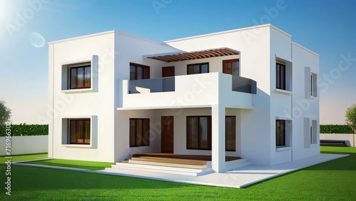 Minimalistic 3D model of a modern home on a plain white background. Concept for real estate or property. © samsul