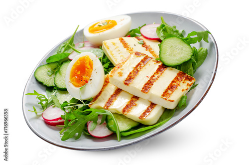 Healthy Ketogenic Paleo Meal, Grilled Halloumi with Lettuce, Radish, Cucumber, and Boiled Egg on White Background