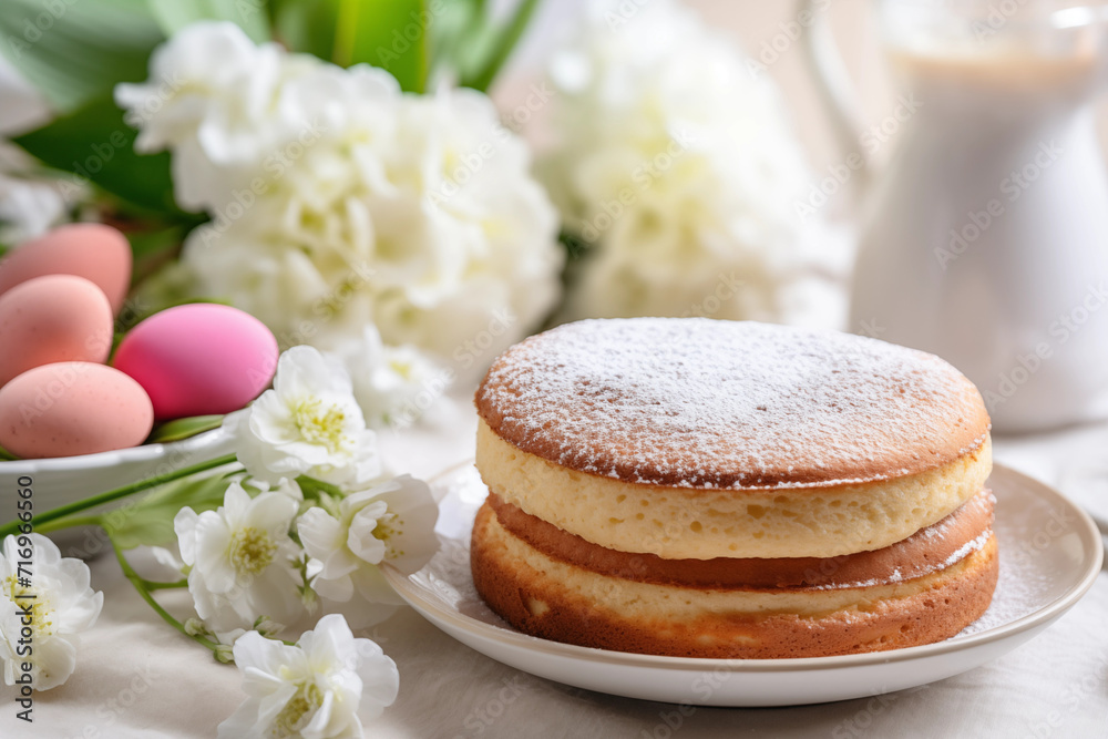 Easter cake and eggs on white background with bouquet of flowers. Happy Easter Easter cake and eggs on white background with bouquet of flowers. Happy Easter