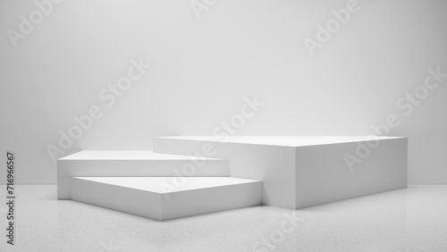 3d product display for products and design, empty minimalistic showcase, white geometric podium platform - empty space for product placement and design background photo