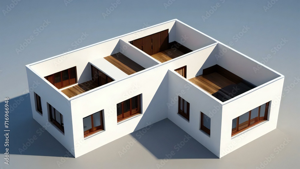 Sharp and elegant 3D model of a house on a blank white canvas. Concept for real estate or property.