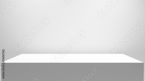 Blank white table with bright spotlight isolated on white wall, empty table - place for product placement and text and design, empty place table stage podium with white plaster wall hight quality