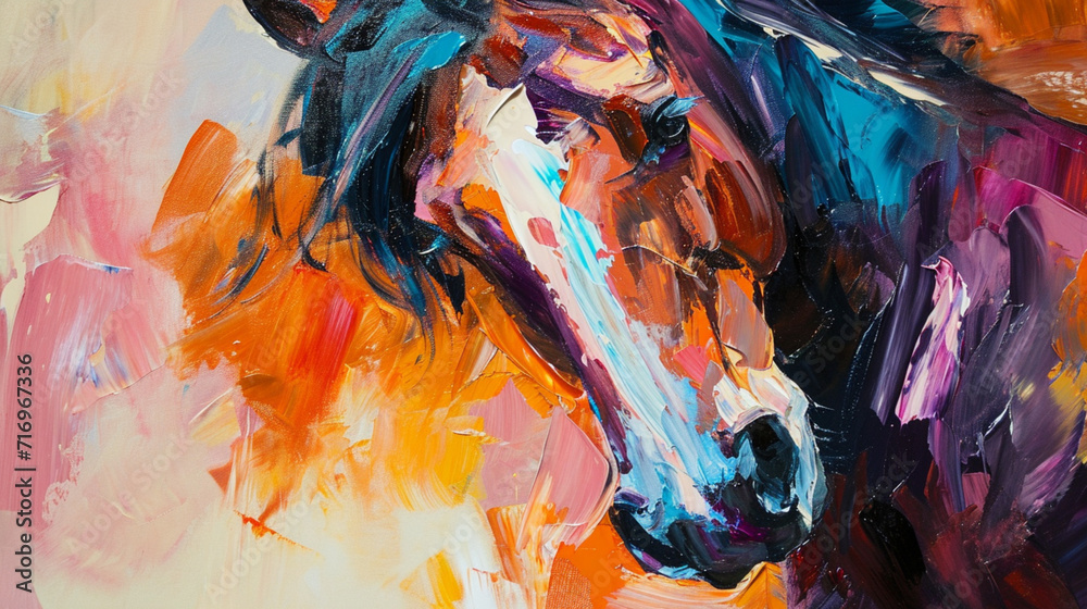 colorful oil paintings. closeup horse art. colorful art. brush stroke