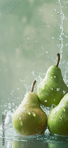 Fresh pears gently float in the water in enchanting view on a light green background. Pears in water in a refreshing and delicate composition. photo