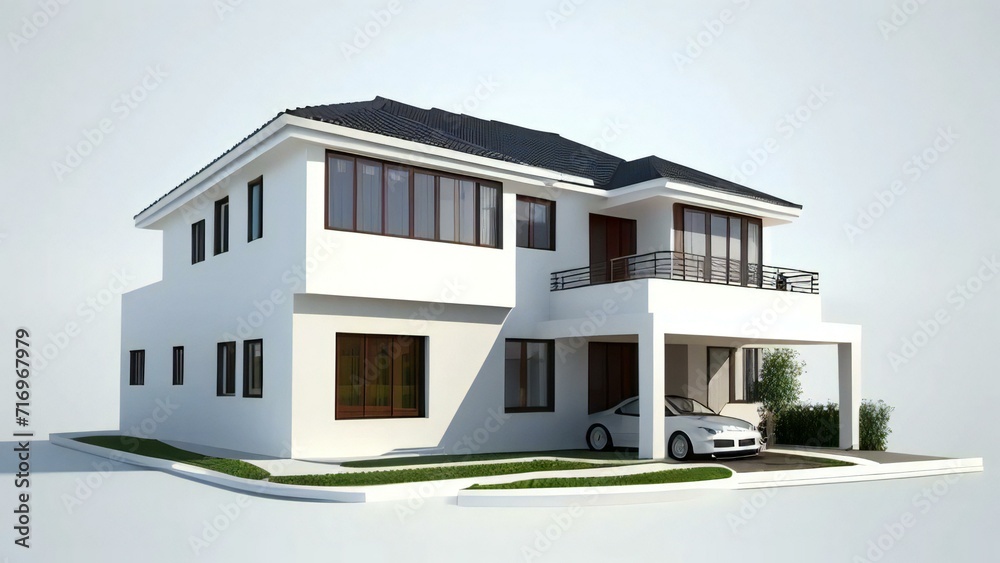 3D model of a white house against a gray backdrop. Concept for real estate or property. 3D model of a white house against a gray backdrop. Concept for real estate or property.