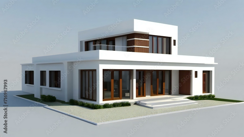 Minimalistic 3D model of a house in white, set on a neutral gray background. Concept for real estate or property.