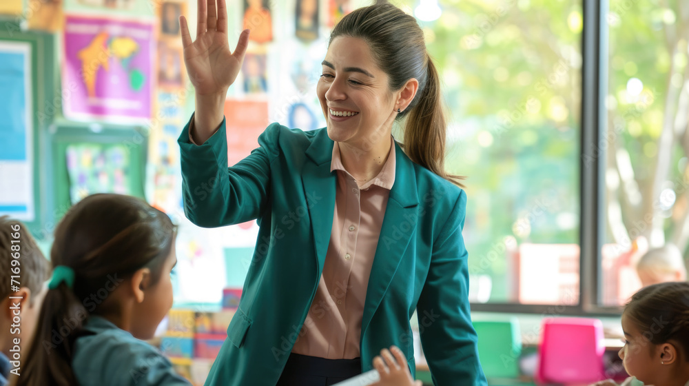 Fototapeta premium Female teacher is standing in a classroom holding papers, with students in the background engaged in their studies.
